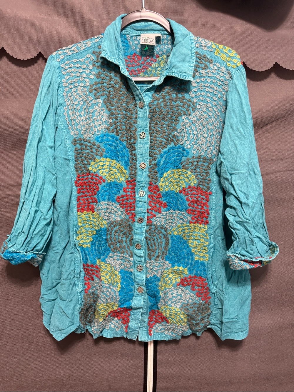 Embroidered Button Down Parsley & Sage Tunic - Picture 1 of 5